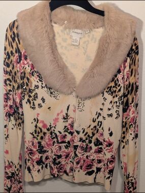 Aubergene Cream Floral & Faux Fur Collar Cardigan